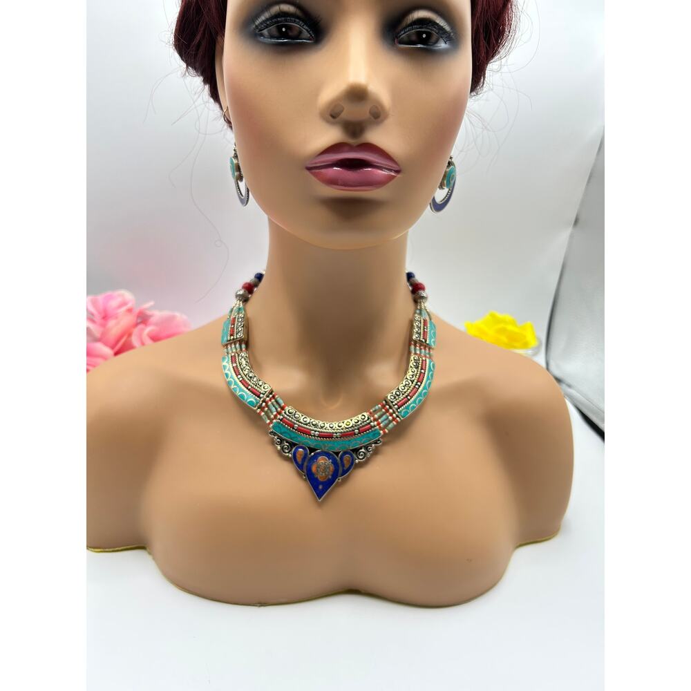 Tibetan Turquoise Lapis Coral Copal Necklace & Earrings Set Handmade in Nepal